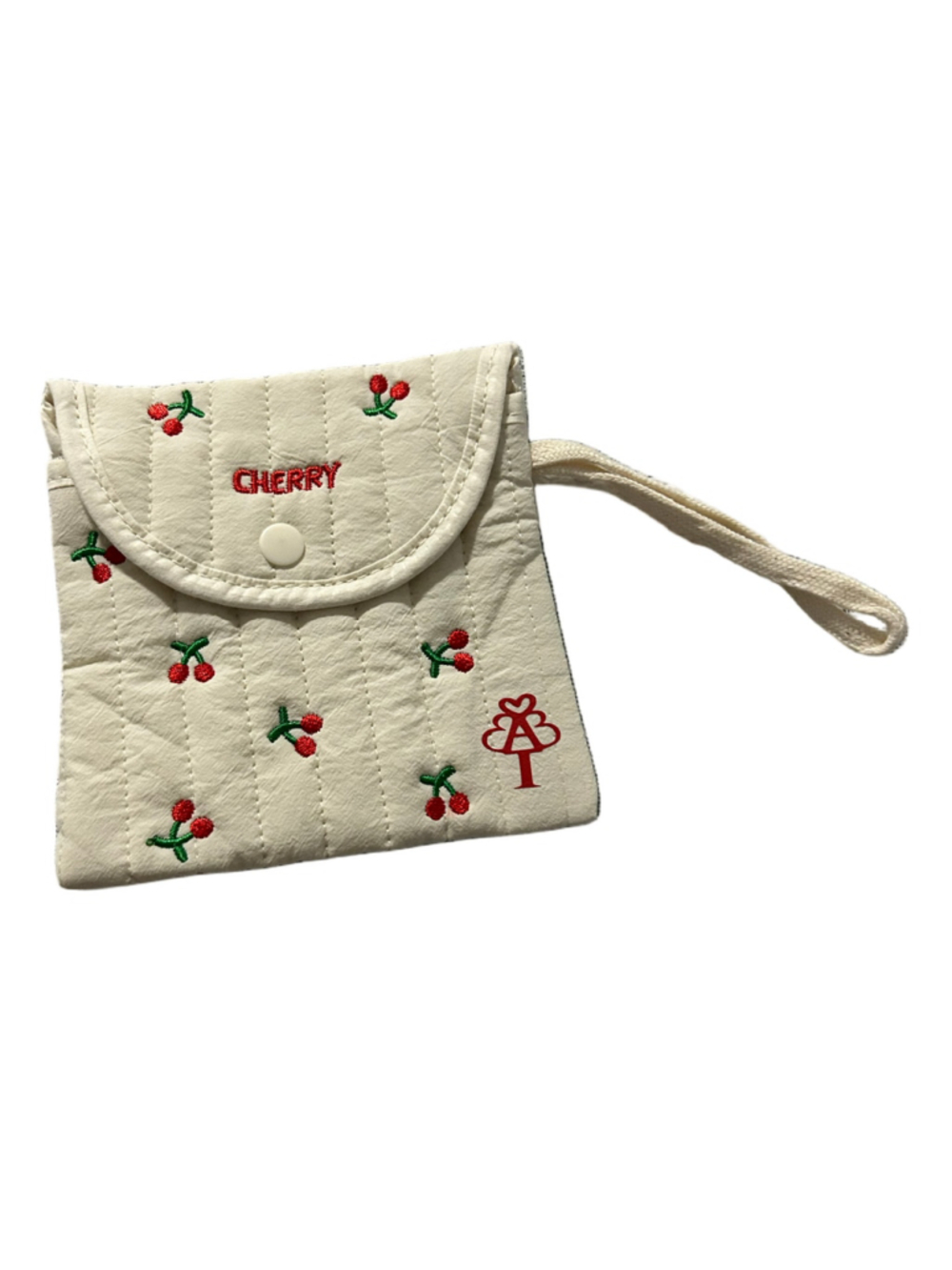 NEW Women's 5”x5.5” Quilted Cherry Sanitary Pad Pouch, Beige and Red